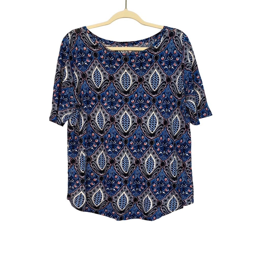 Ann Taylor LOFT Linen Blue Paisley Print Short‎ Sleeve Tunic Top Size L